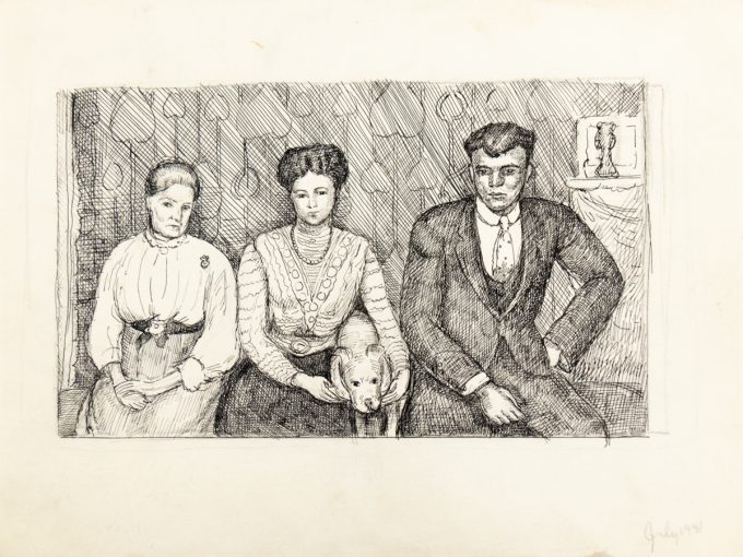 In this drawing, two women and a man sit close to each other on a couch. The woman in the middle is cradling a dog.