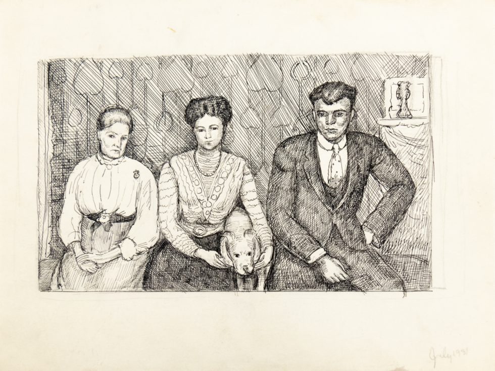 In this drawing, two women and a man sit close to each other on a couch. The woman in the middle is cradling a dog.