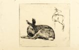 In this etching, a darkly colored deer sits in the foreground. In the back, the outline of another deer looks away outside the frame.