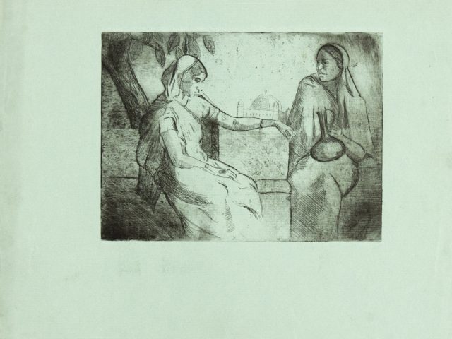 In this etching, two women sit underneath. tree. One is holding a water jug. The other has her arm outstretched, reaching towards her.