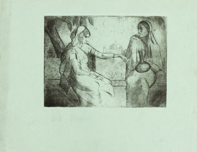 In this etching, two women sit underneath. tree. One is holding a water jug. The other has her arm outstretched, reaching towards her.