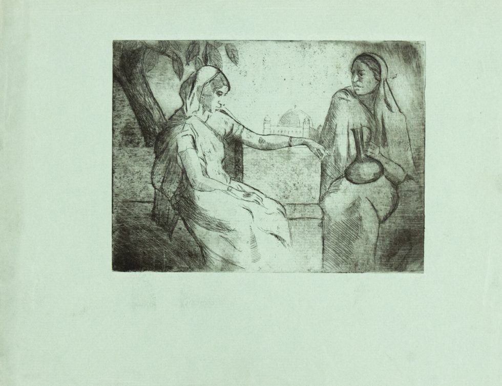 In this etching, two women sit underneath. tree. One is holding a water jug. The other has her arm outstretched, reaching towards her.