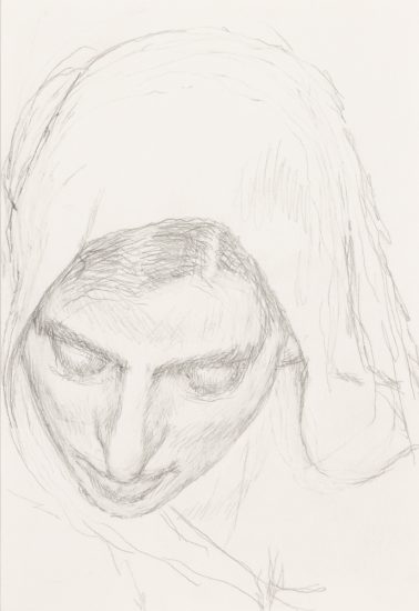 In this drawing, a woman's face is outlined in light graphite. She wears a hood and looks downwards.
