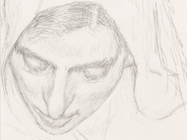 In this drawing, a woman's face is outlined in light graphite. She wears a hood and looks downwards.