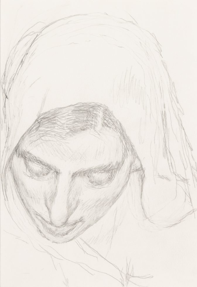 In this drawing, a woman's face is outlined in light graphite. She wears a hood and looks downwards.