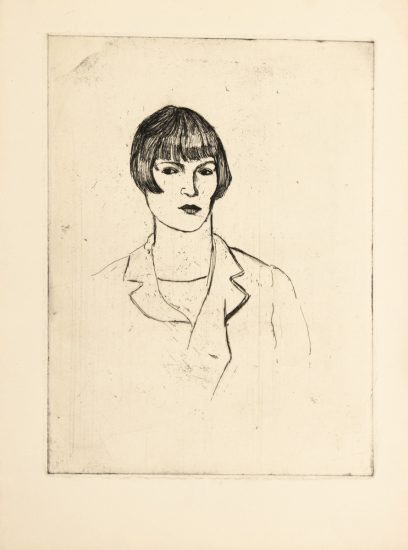This drawing shows the outline of a woman with short hair wearing a blazer. She looks off to the top left of the frame.