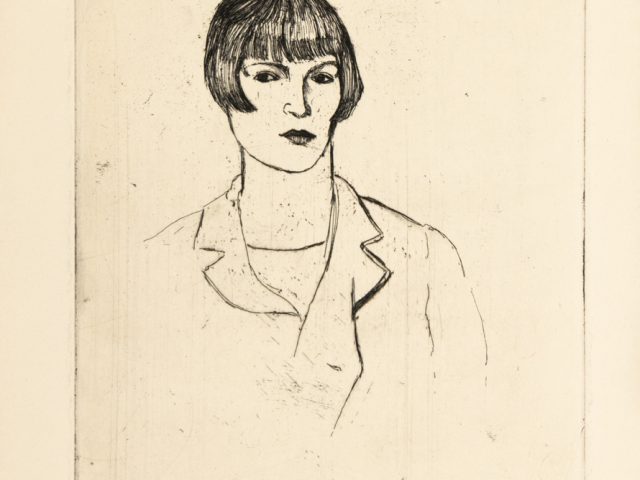 This drawing shows the outline of a woman with short hair wearing a blazer. She looks off to the top left of the frame.