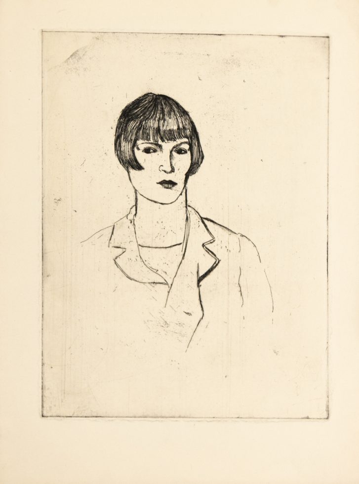 This drawing shows the outline of a woman with short hair wearing a blazer. She looks off to the top left of the frame.