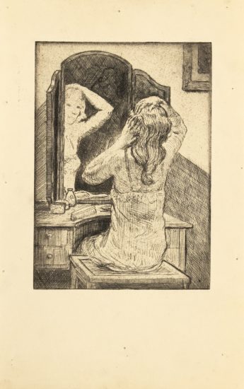 This is a pencil drawing of a woman fixing her hair in the mirror.