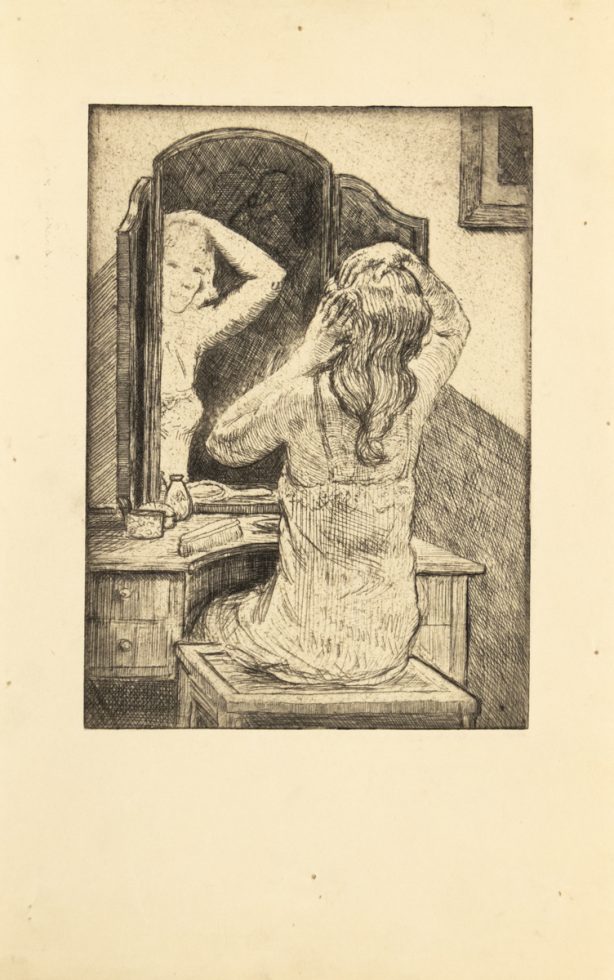 This is a pencil drawing of a woman fixing her hair in the mirror.