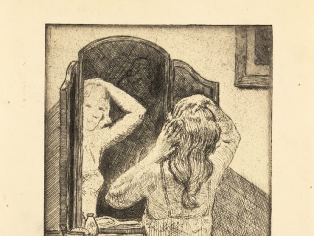 This is a pencil drawing of a woman fixing her hair in the mirror.