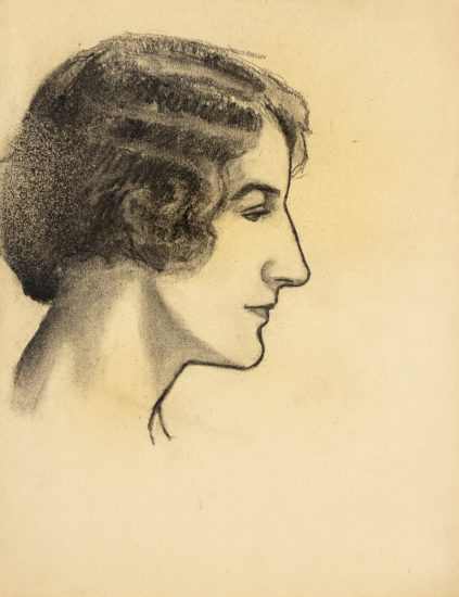 This is a drawing of a woman with short hair, seen from the side.