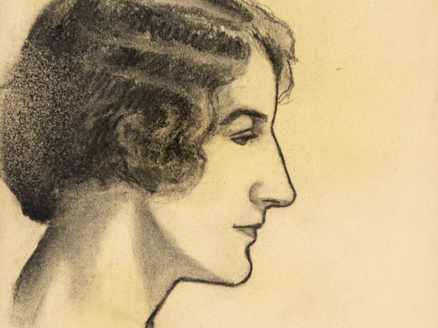 This is a drawing of a woman with short hair, seen from the side.