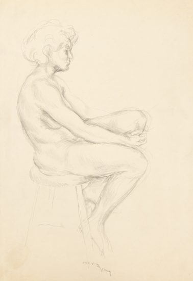 This is a pencil sketch of the profile of a nude woman sitting on a stool.