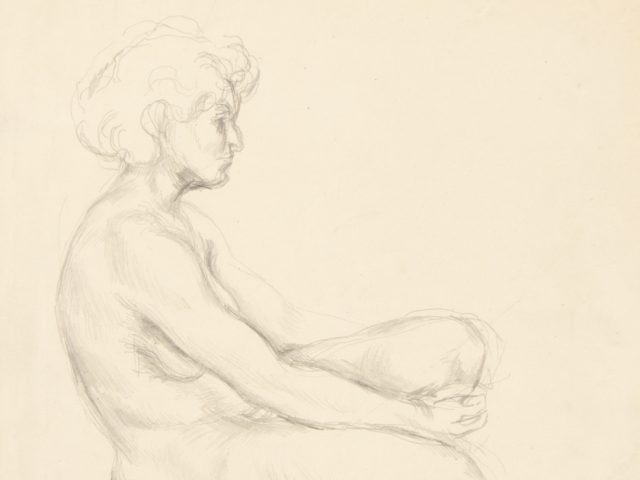This is a pencil sketch of the profile of a nude woman sitting on a stool.