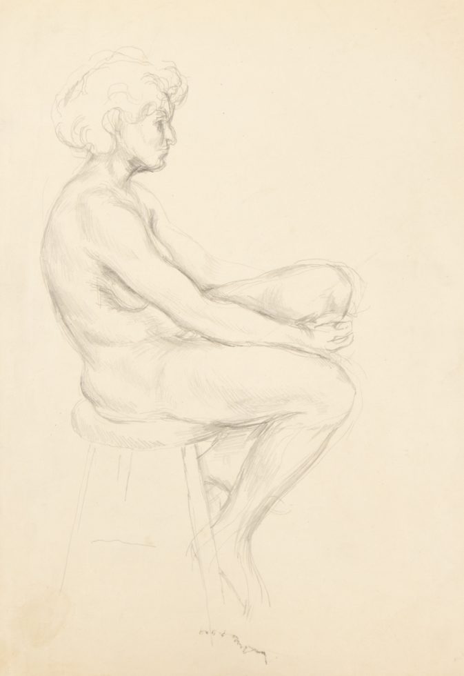 This is a pencil sketch of the profile of a nude woman sitting on a stool.