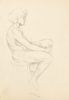 This is a pencil sketch of the profile of a nude woman sitting on a stool.