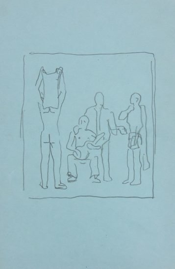 This is a pencil sketch of a group of people with one person taking off their clothes on blue paper.