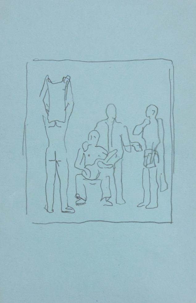 This is a pencil sketch of a group of people with one person taking off their clothes on blue paper.