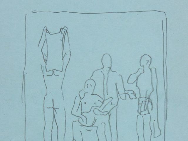 This is a pencil sketch of a group of people with one person taking off their clothes on blue paper.