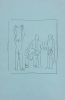 This is a pencil sketch of a group of people with one person taking off their clothes on blue paper.