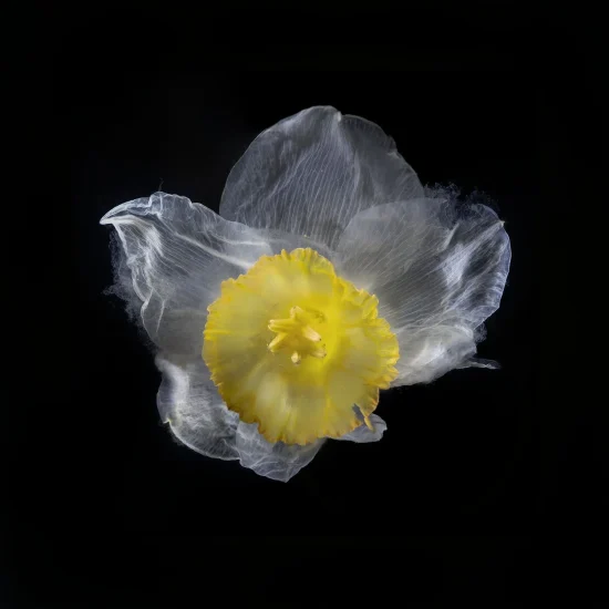 This photograph shows a daffodil, seen from above against a black background. Its white petals are very fragile.
