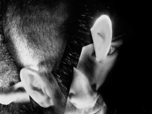 This black and white photograph shows the head of a man, fragmented into pieces that overlap so his ears appear to come out of the very top and lower half of his head.
