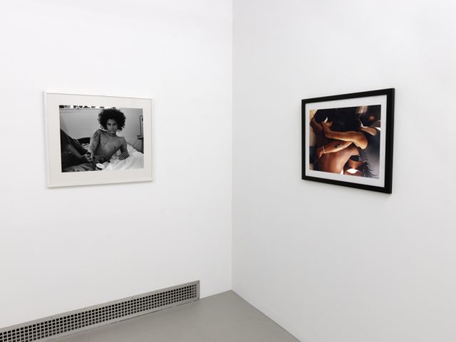 This photograph shows the walls of a gallery with two photographs by Lindsay Perryman.