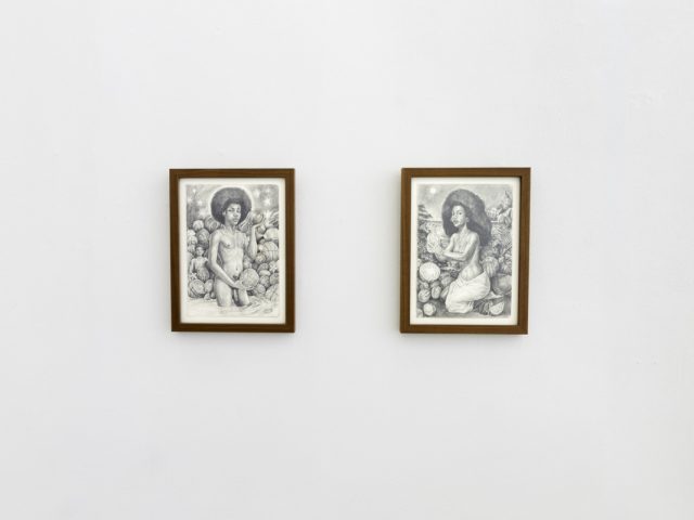 This photo shows two black and white drawings of women in nature hanging on a white wall.