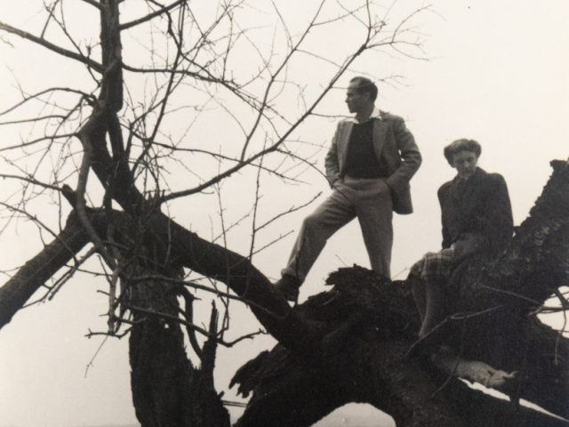 In this black and white photograph, a silhouette of a man stands on a warped tree that reaches towards the earth.