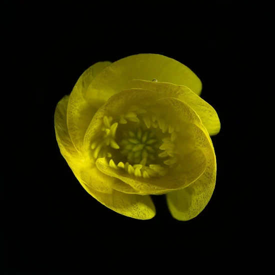 In this photograph, a bright yellow buttercup is seen from above. It's placed against a black background.