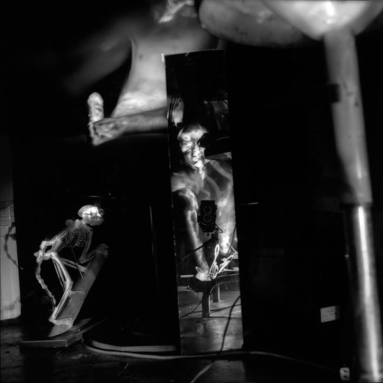This black and white photograph shows a dark interior studio space where the skeleton and a monkey are seen next to one another.