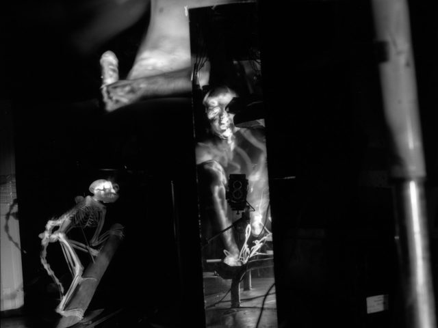 This black and white photograph shows a dark interior studio space where the skeleton and a monkey are seen next to one another.