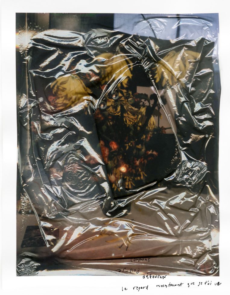 Image depicts a Polaroid transfer, seen through a plastic coating.
