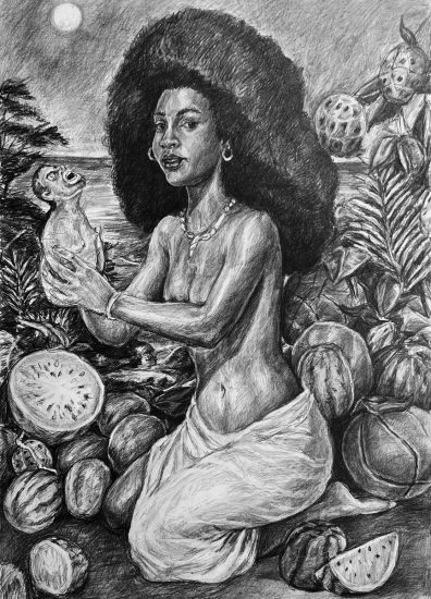 A drawing of a kneeling Black woman holding a ceramic vessel.