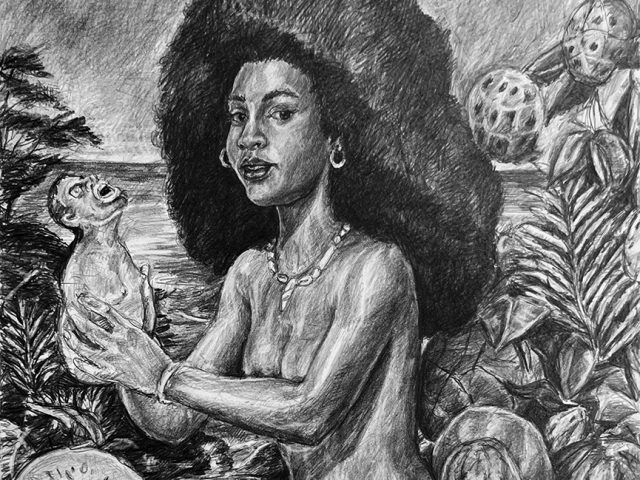 A drawing of a kneeling Black woman holding a ceramic vessel.