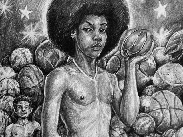 A drawing of two Black men bathing in a pool of water with watermelons and basketballs.