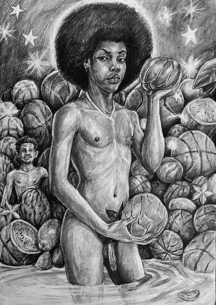 A drawing of two Black men bathing in a pool of water with watermelons and basketballs.