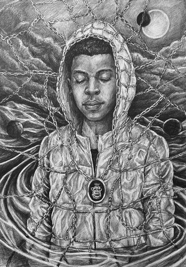 A drawing of a a young Black man with his eyes closed.