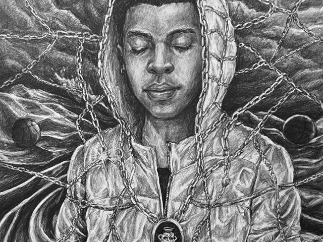 A drawing of a a young Black man with his eyes closed.