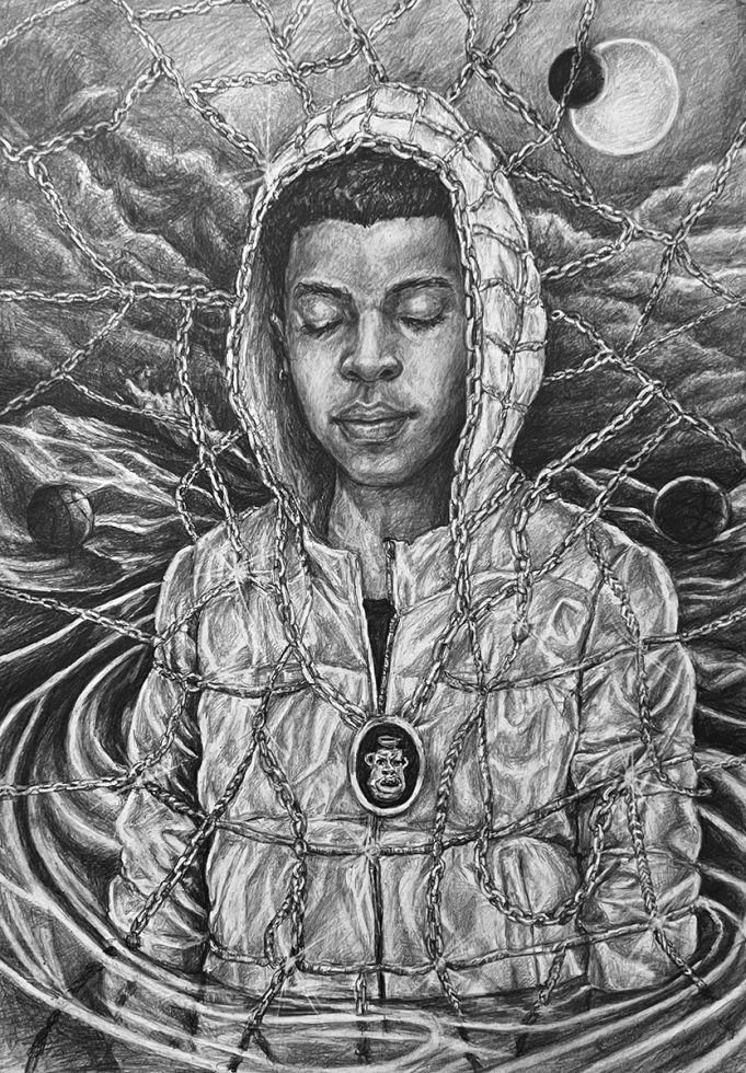 A drawing of a a young Black man with his eyes closed.