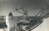 This black and white photograph shows a man wearing a white puffy coat. He stands on a beach overlooking a fallen tree.
