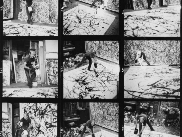 This is several black and white photographs forming a grid. They depict Jackson Pollock painting in his studio.