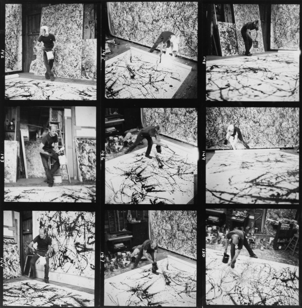 This is several black and white photographs forming a grid. They depict Jackson Pollock painting in his studio.