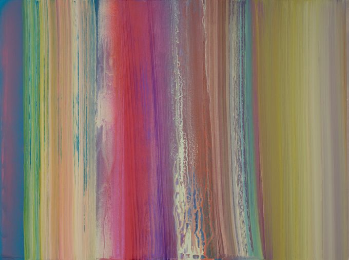 The colors of this oil painting are bright, long, lines of pink, yellow, purple, and green. They run vertically across the canvas and blur into one another.