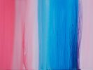 This canvas is covered in blurred lines of vertical oil paint, varying in bright shades of pink and blue.