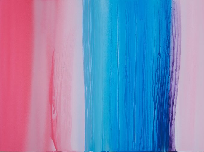 This canvas is covered in blurred lines of vertical oil paint, varying in bright shades of pink and blue.