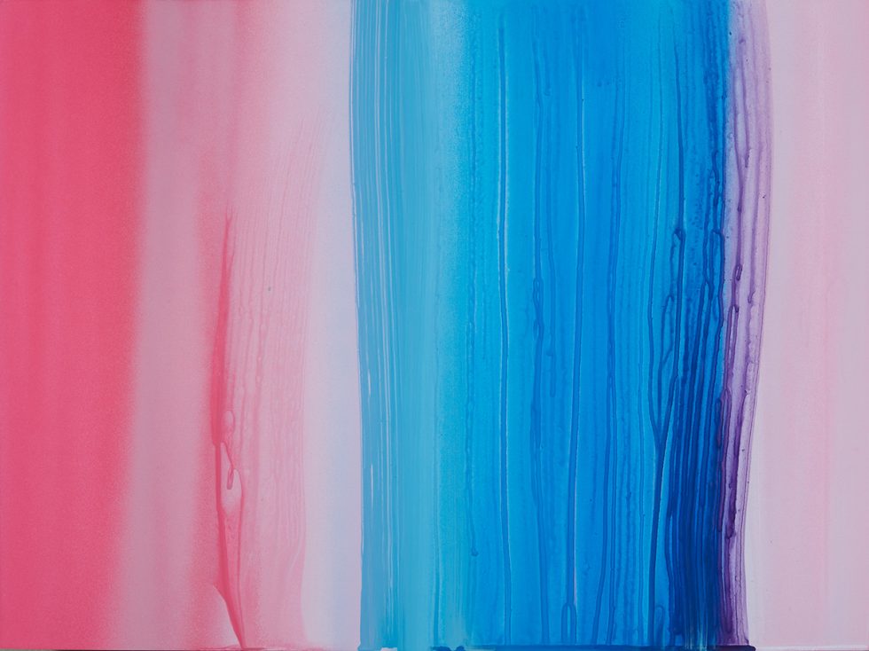 This canvas is covered in blurred lines of vertical oil paint, varying in bright shades of pink and blue.