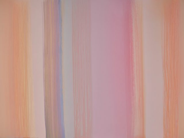 This horizontal painting is a series of pastel colored, blurred lines moving vertically down the cavas. Its colors are mostly oranges, pinks, and some blue.