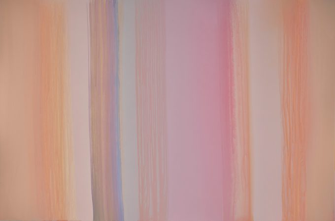 This horizontal painting is a series of pastel colored, blurred lines moving vertically down the cavas. Its colors are mostly oranges, pinks, and some blue.